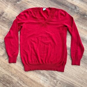 Jaclyn Smith Red V-Neck Sweater Women's L Beaded Embellished Holiday Knit Top